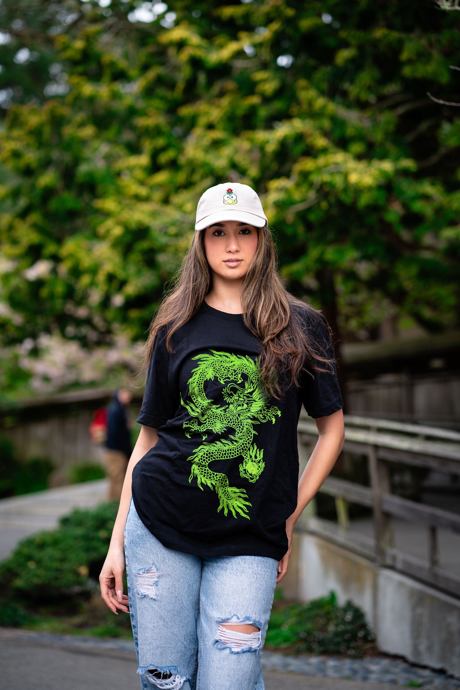 Japanese Dragon Neon Green Embroidered Artwork Relaxed-Fit T-shirt For Women TheFinespun