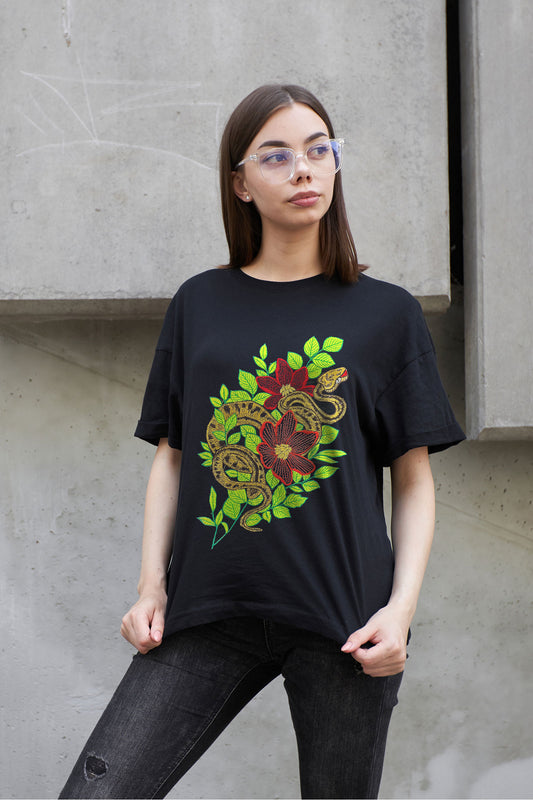 Twisted Garden Embroidered Artwork Half Sleeve T-shirt For Women