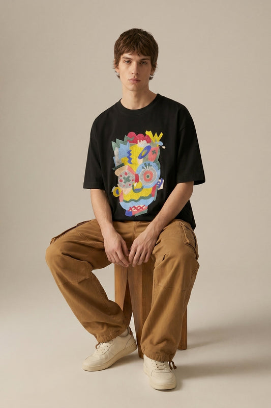 Person wearing a black t-shirt with colorful graphic design and brown pants on a beige background