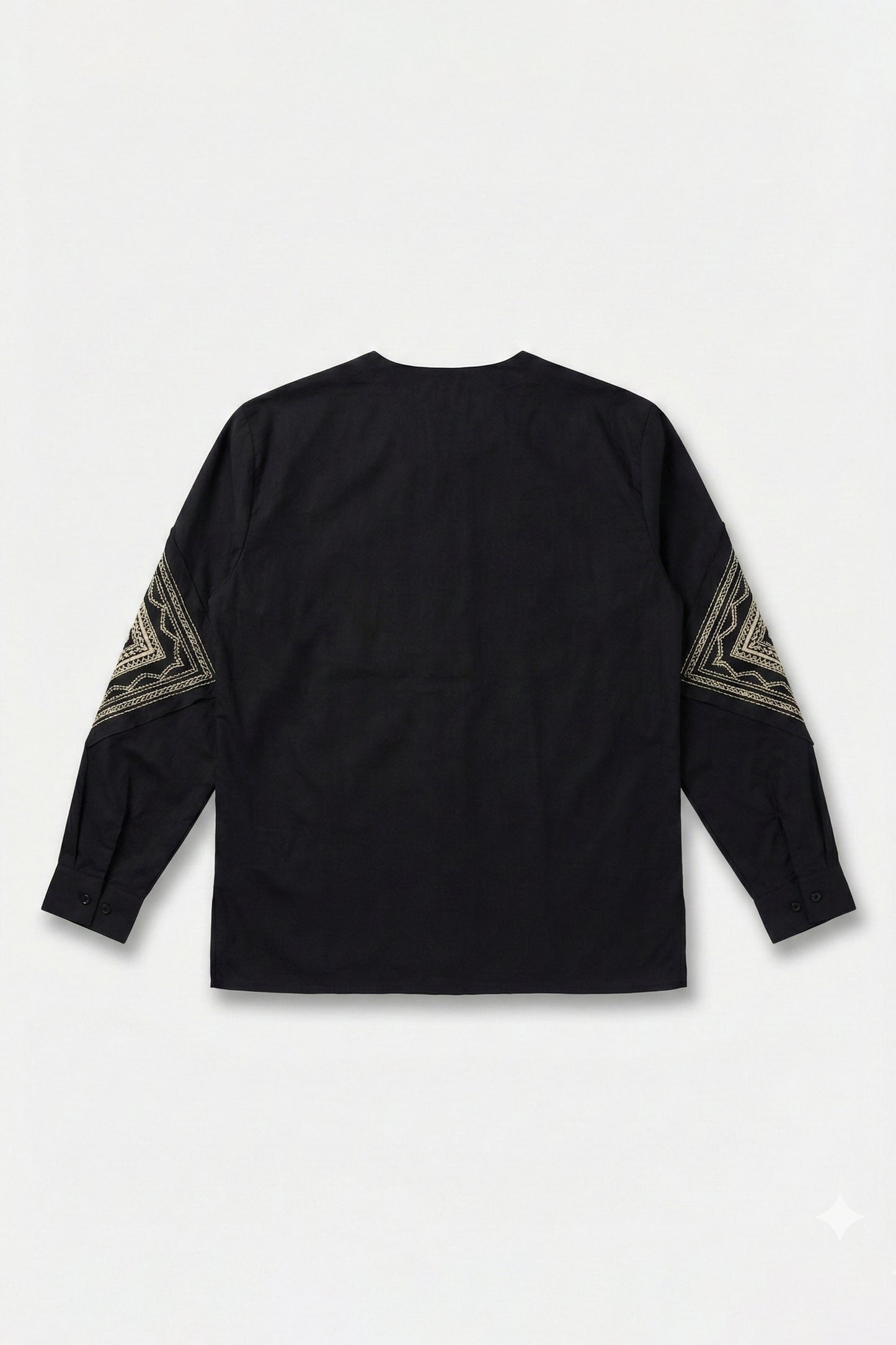 Black long-sleeve shirt with geometric patterns on sleeves against a white background