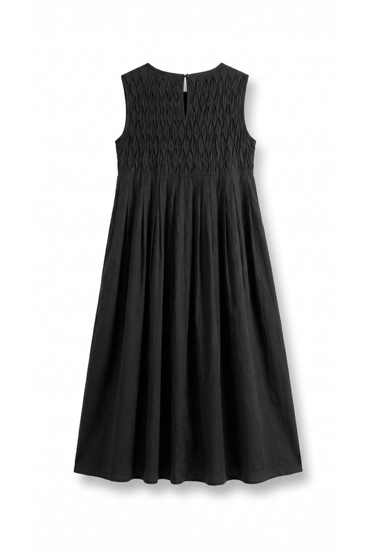 Women's black midi dress with pintuck details.