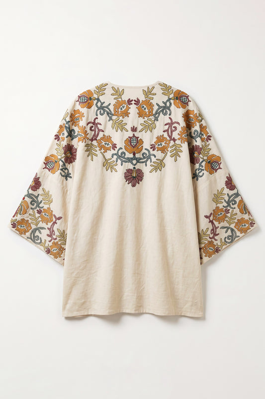 Anouk beige cotton-linen kimono shrug with multicolour ornamental embroidery on the front, sleeves and back