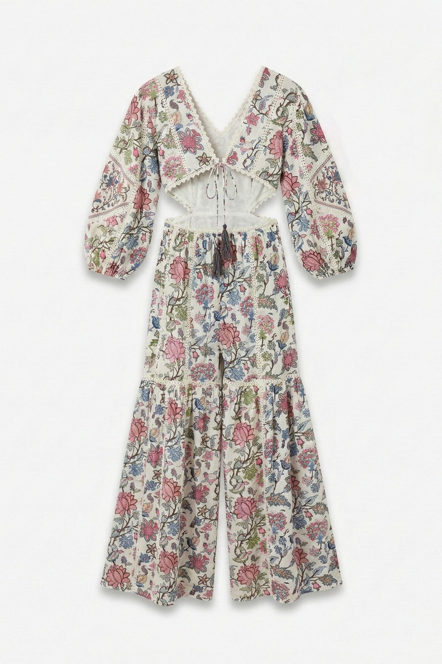 Floral patterned outfit with long sleeves and wide-leg pants on a white background