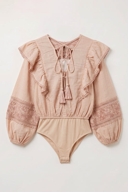 Dusty Pink Dallias Embroidered Bodysuit with tonal floral embroidery, lace inserts and ruffled sleeves
