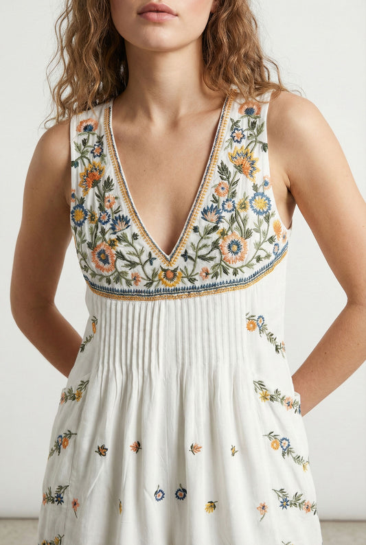 Woman wearing a white dress with floral embroidery on a plain background