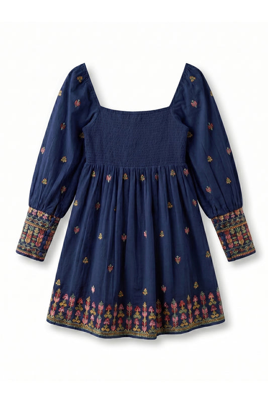 Navy blue dress with colorful patterns on a white background