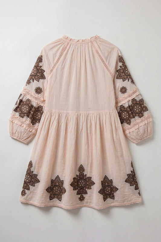 Hawaii geometric embroidered mini dress featuring a tie-up neckline, voluminous sleeves, lace trims and contrasting brown embroidery
