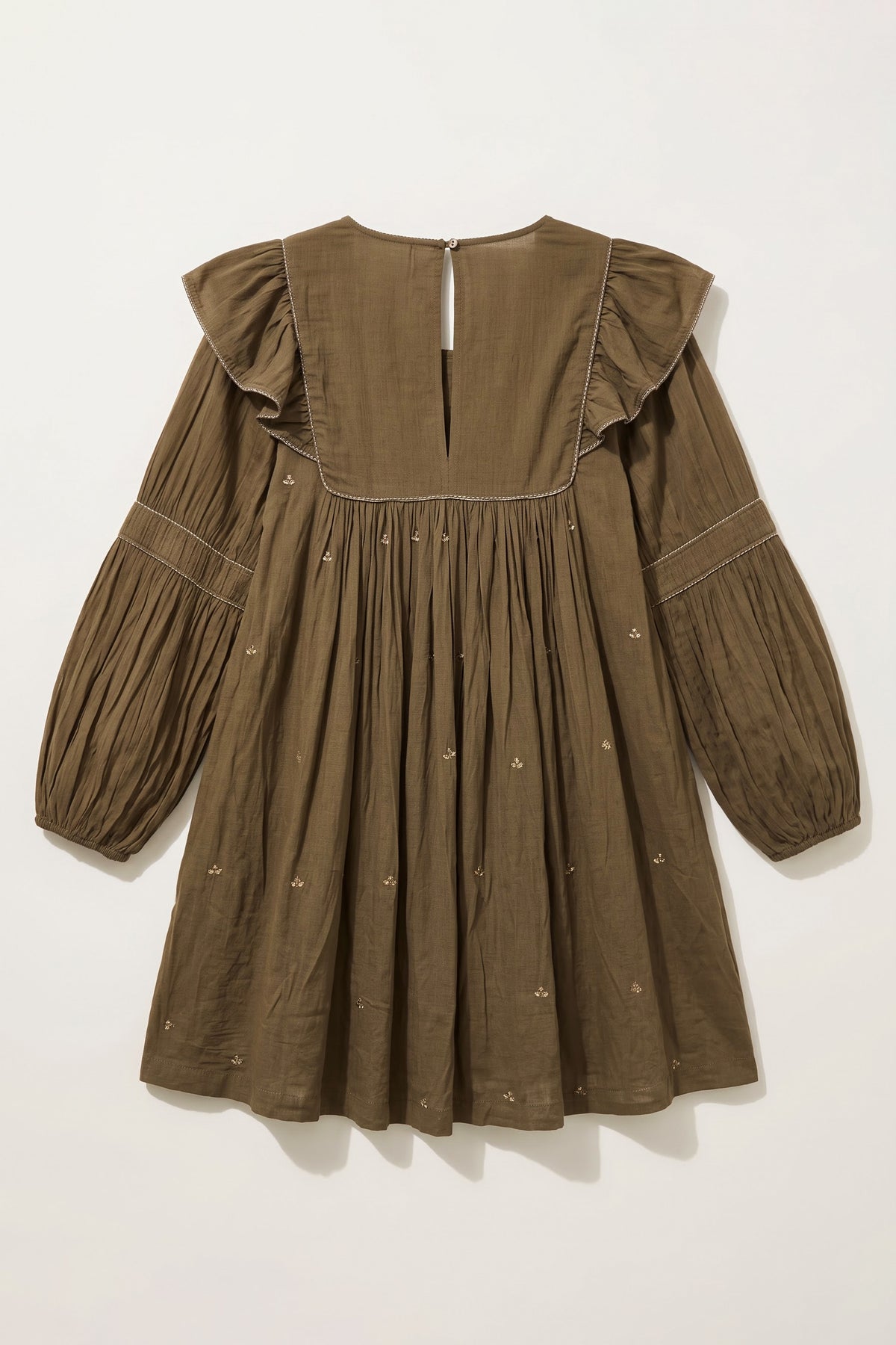Inaya dark olive green mini dress in double viscose georgette with sequin handwork embroidery, pleated bodice and voluminous sleeves