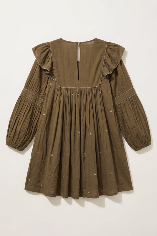 Inaya dark olive green mini dress in double viscose georgette with sequin handwork embroidery, pleated bodice and voluminous sleeves