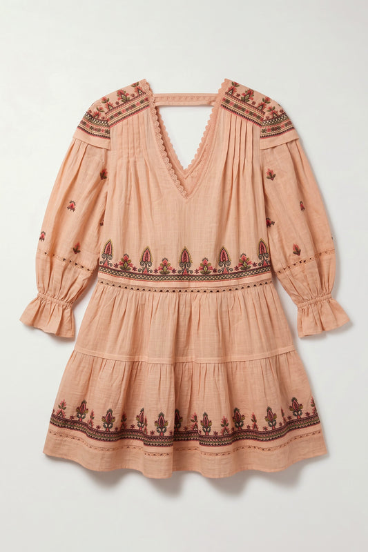 Julian dusty pink cotton slub mini dress with multicolour embroidered borders, lace detailing, tiered skirt and open back