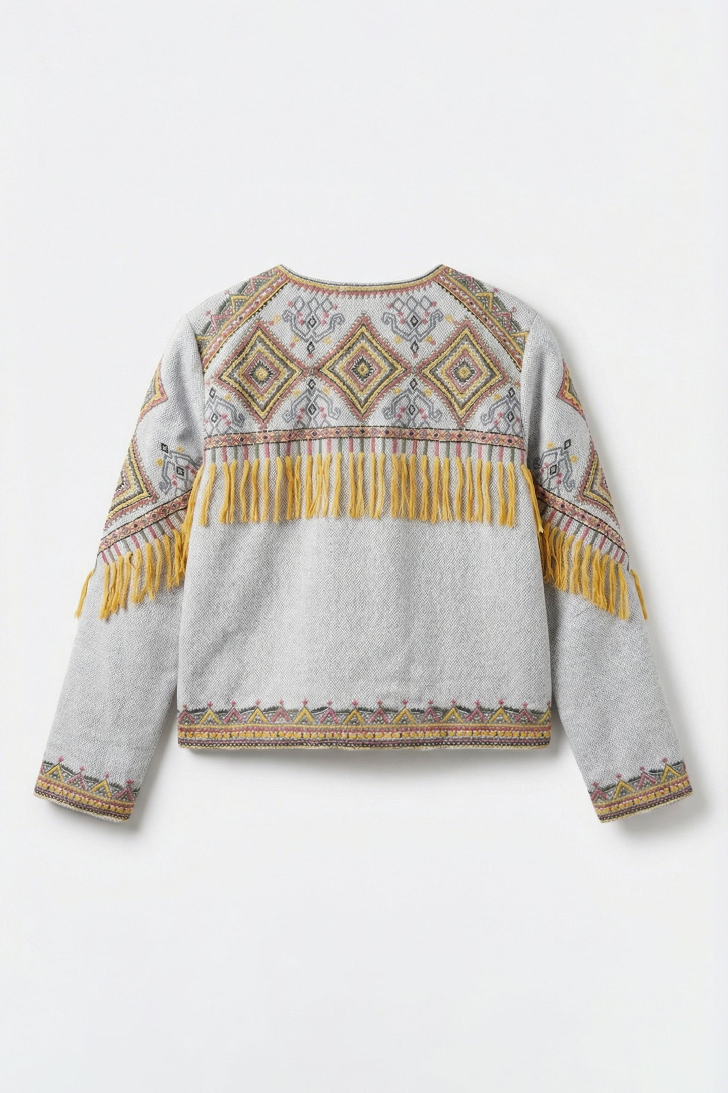 Gray sweater with yellow fringe and pattern on a white background