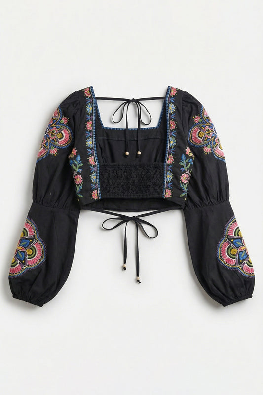 Maysoon Black Embroidered Crop Top