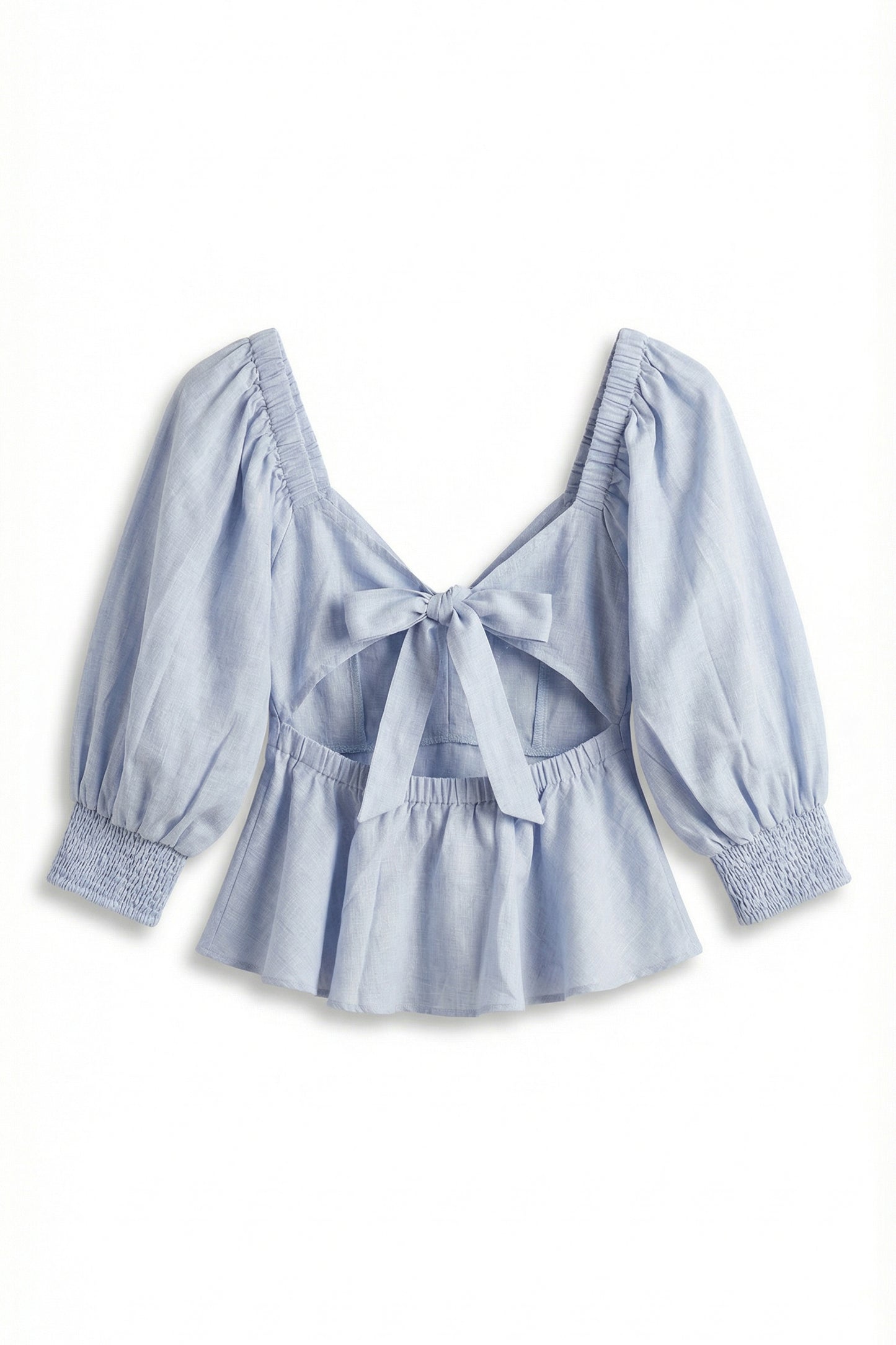 Light blue striped blouse with a tie detail on a white background