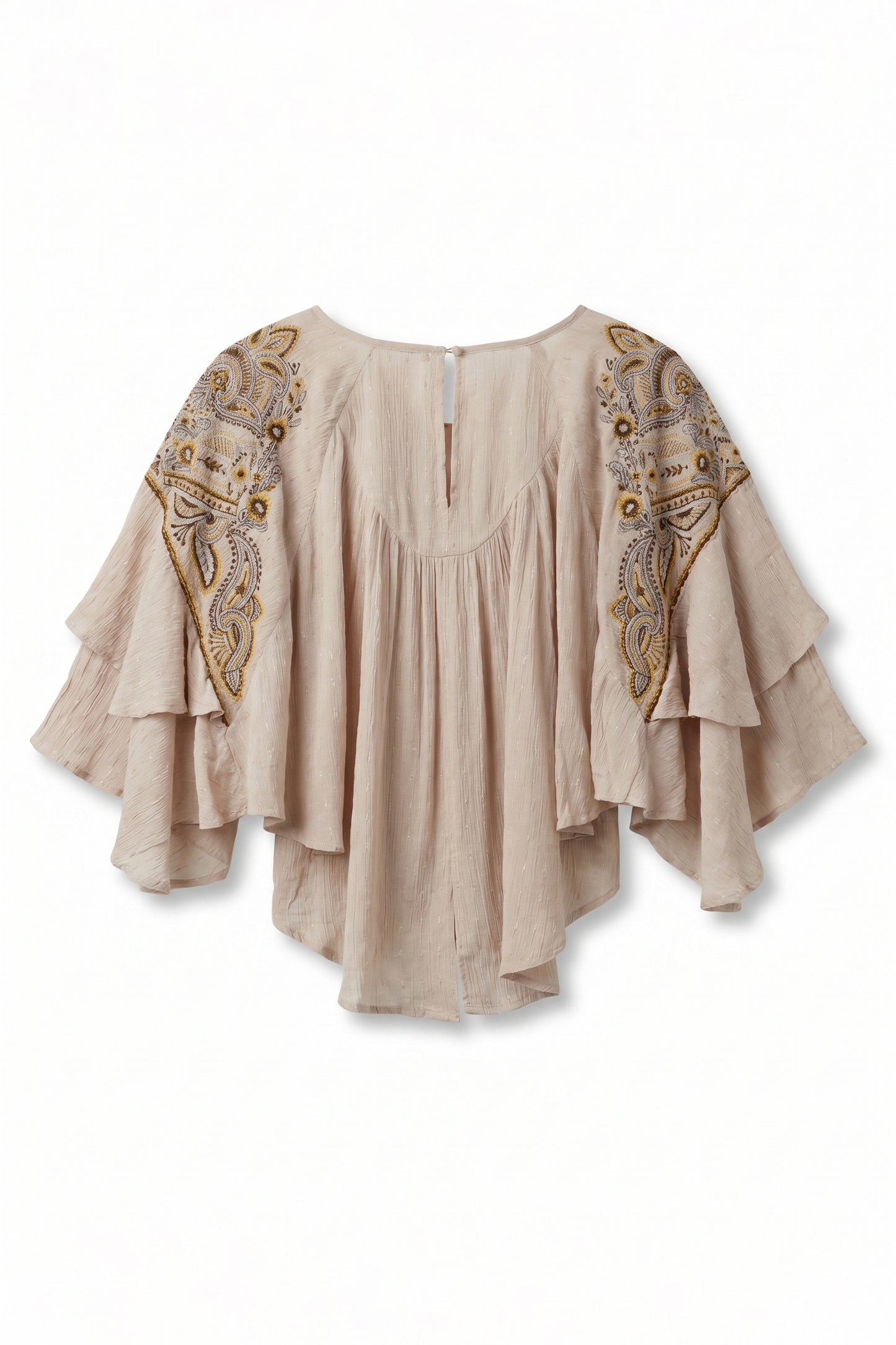 Beige blouse with intricate gold patterns on a white background