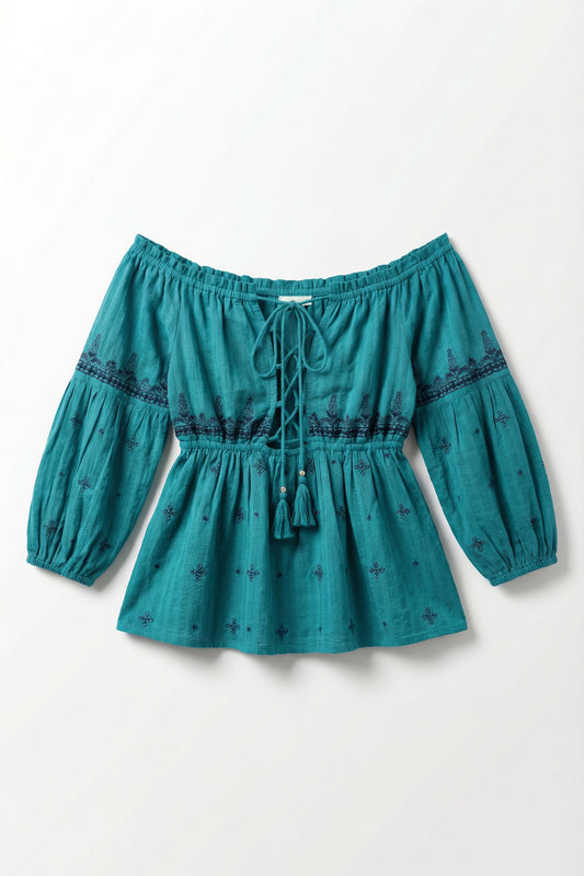 Teal blouse with long sleeves and lace details on a white background