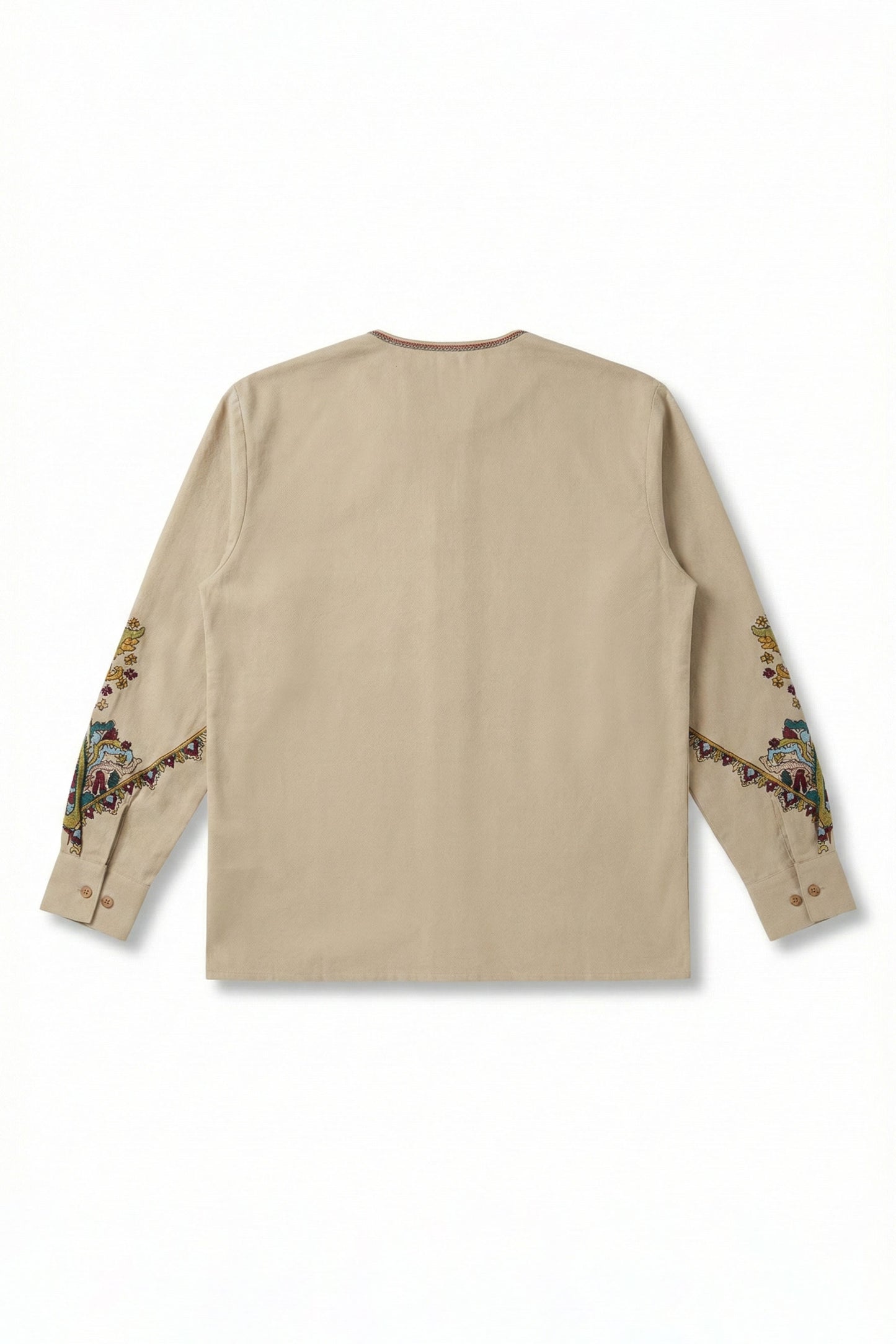 Beige long-sleeve shirt with floral embroidery on sleeves against a white background