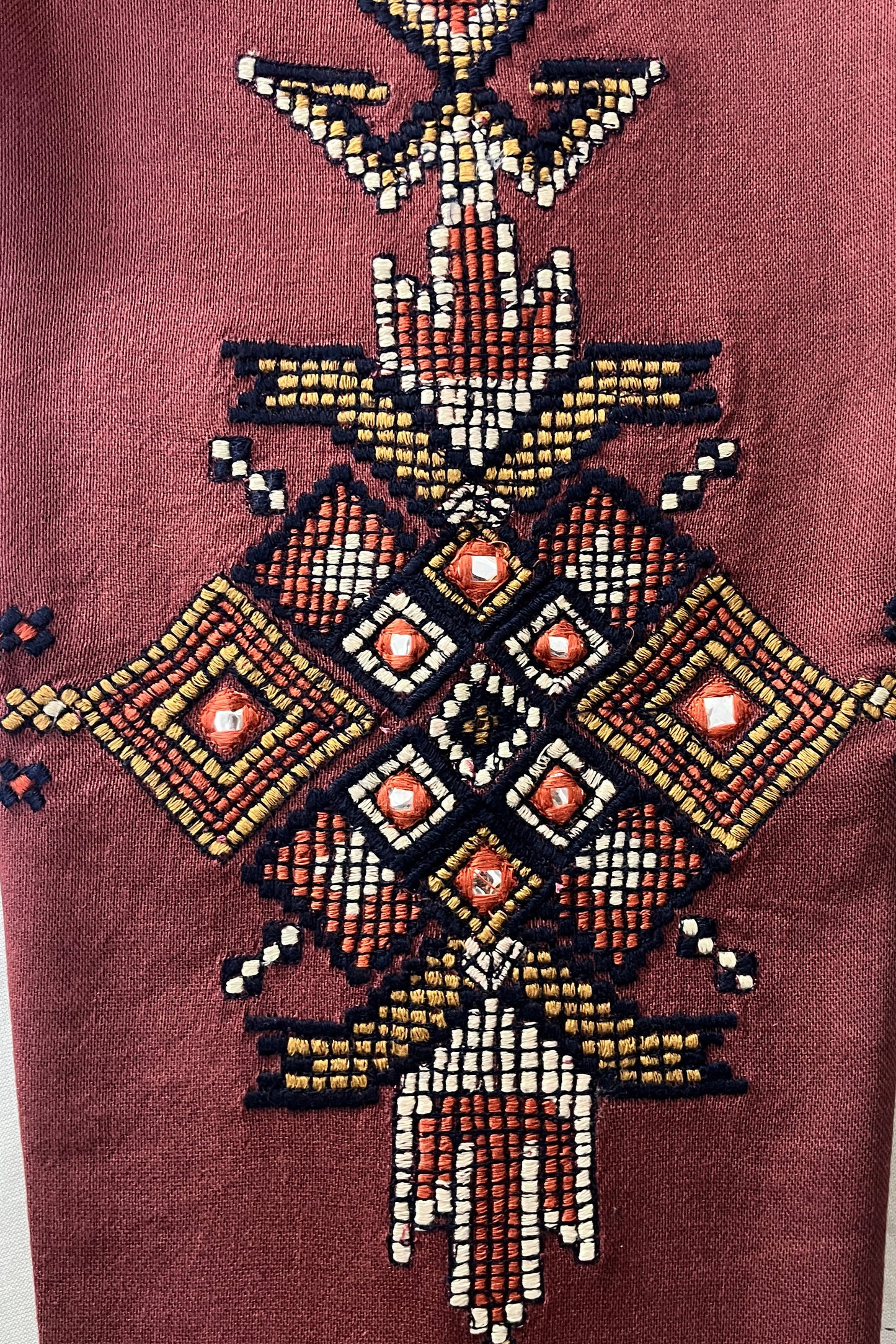 Close-up of a embroidered pattern on a fabric background