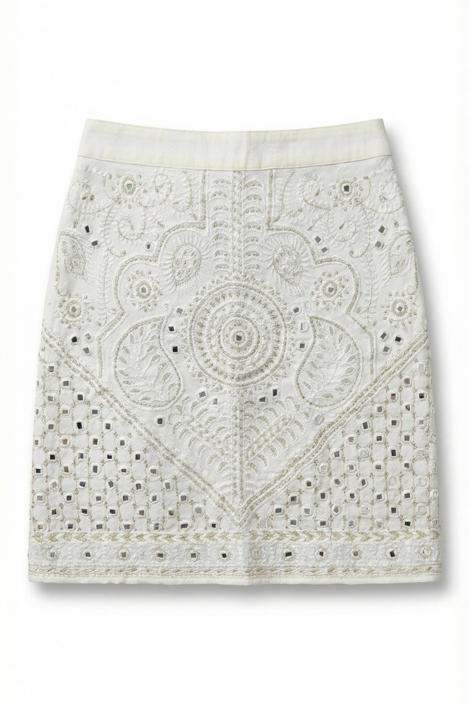 Kamala Mirror Embroidered White Mini Skirt – Handcrafted Ivory