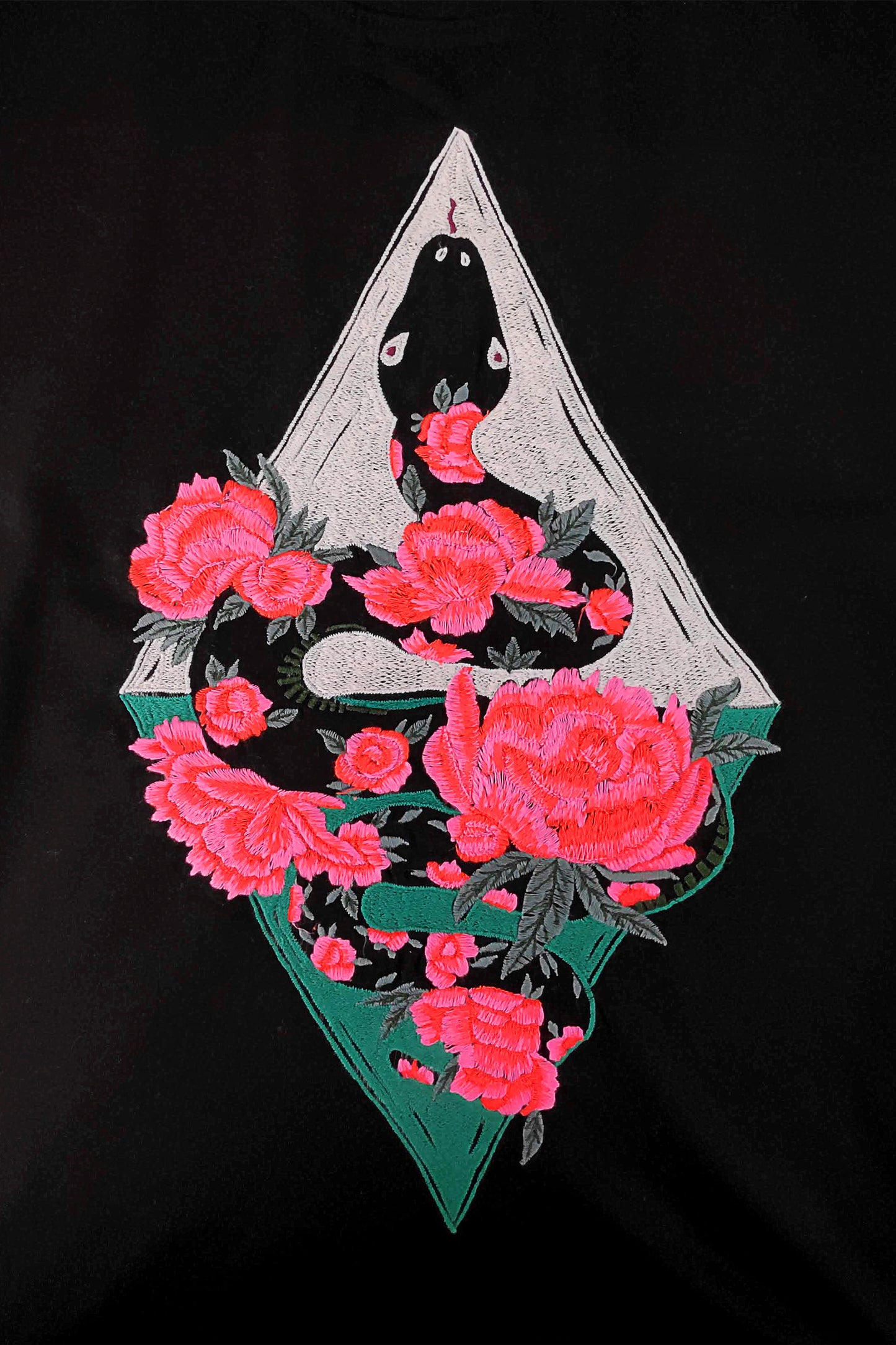 Rose Snake Embroidered Artwork Half Sleeve Black T-shirt For Men