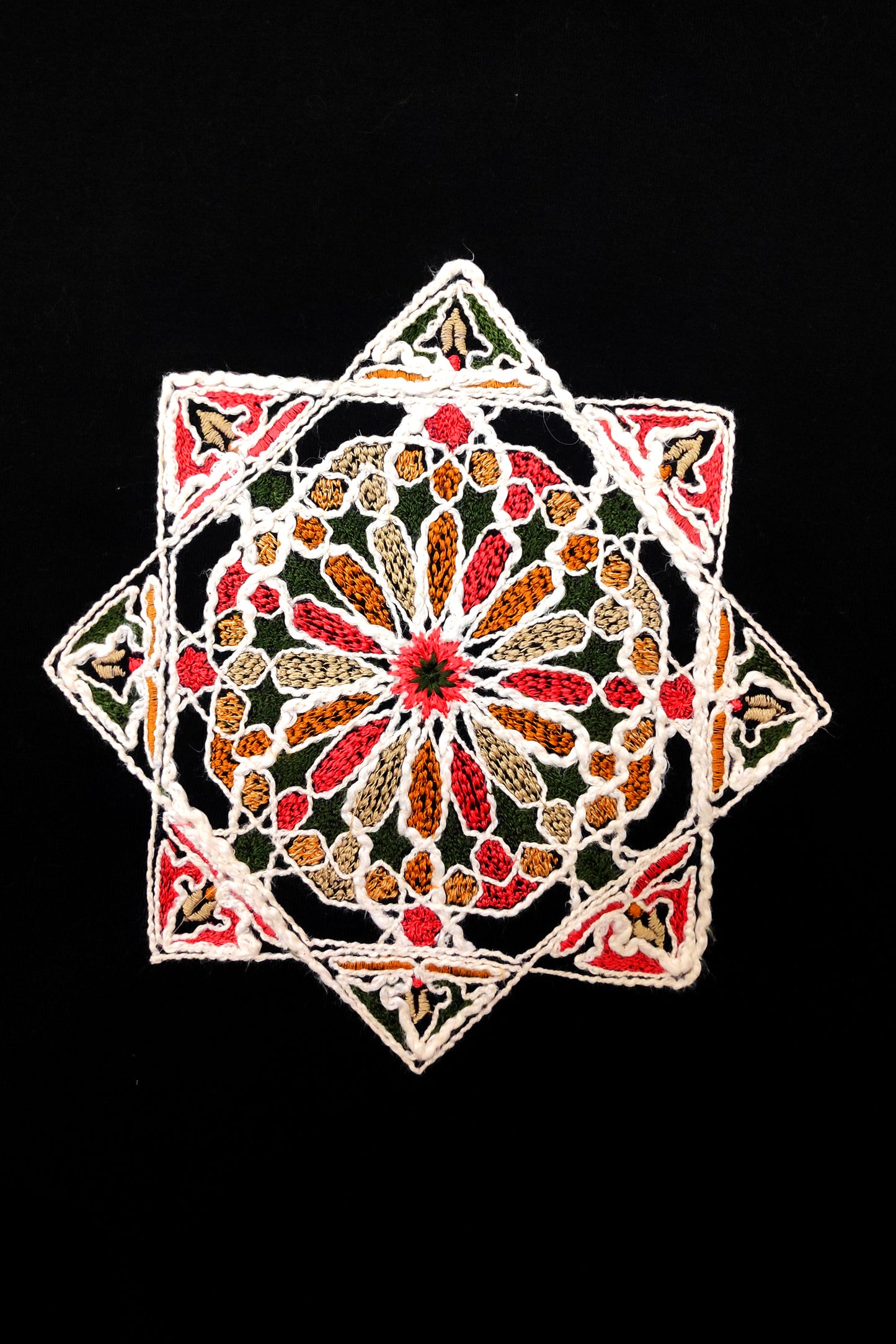 Sacred Geometry Embroidered Artwork Half Sleeve Black T-shirt For Women