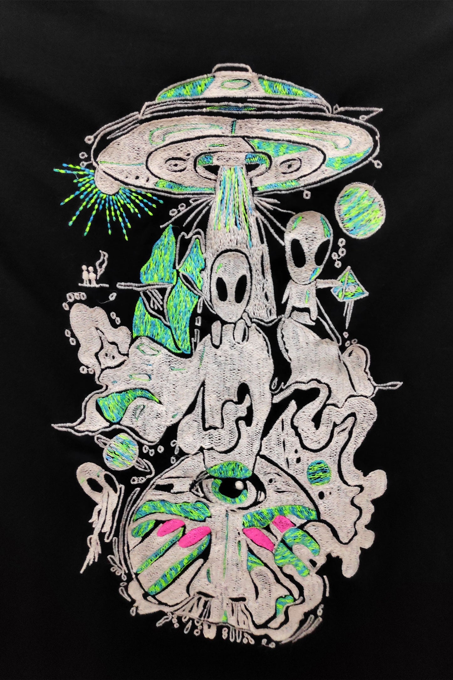 Space Trip Embroidered Artwork Half Sleeve Black T-shirt For Men