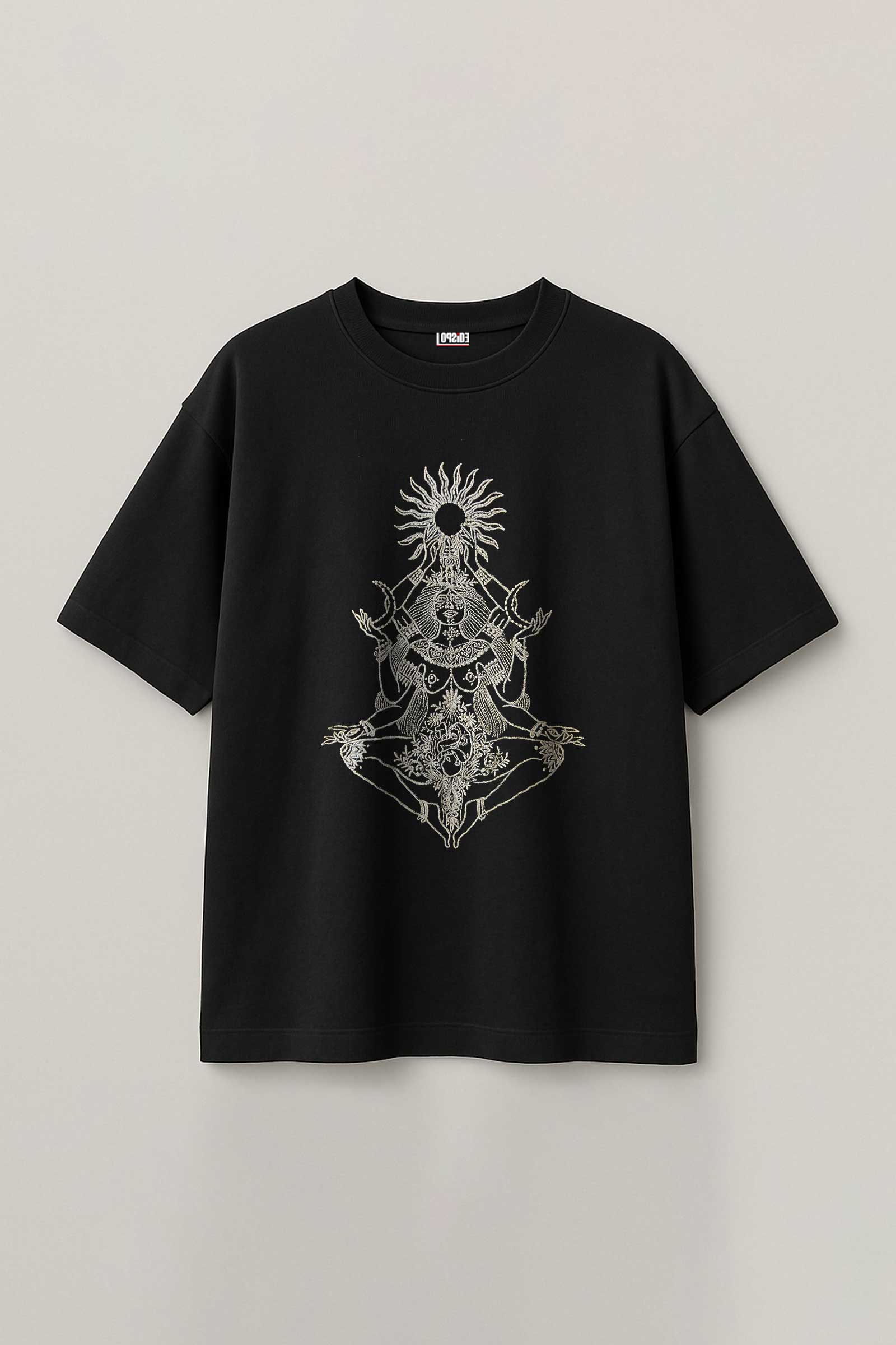 Black t-shirt with a graphic design on a light gray background