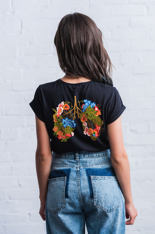 Lungs Art Emroidered Artwork Half Sleeve Black T-shirt For Women