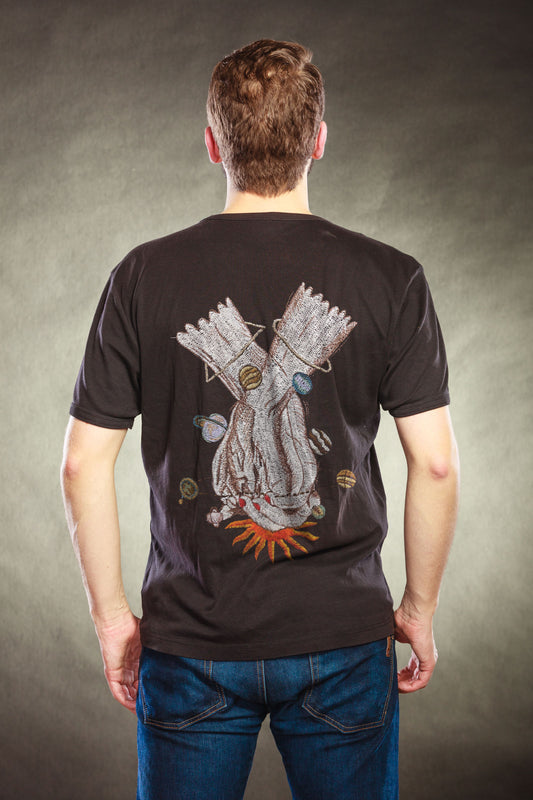 Cosmic Hand Embroidered Artwork Half Sleeve Black T-shirt For Men