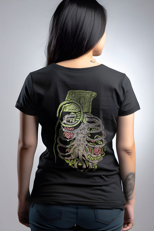 Embroidered Artwork Half Sleeve Black T-shirt For Women