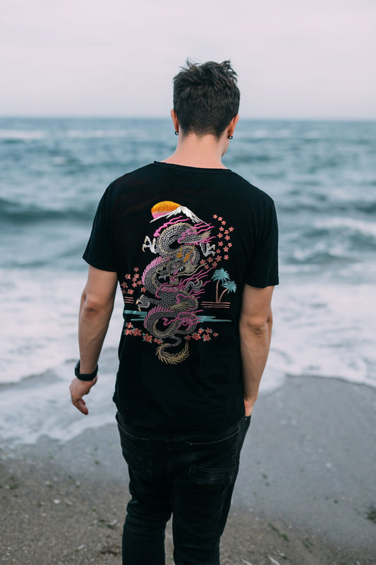 Japanese Dragon Embroidered Artwork Half Sleeve Black T-shirt For Men