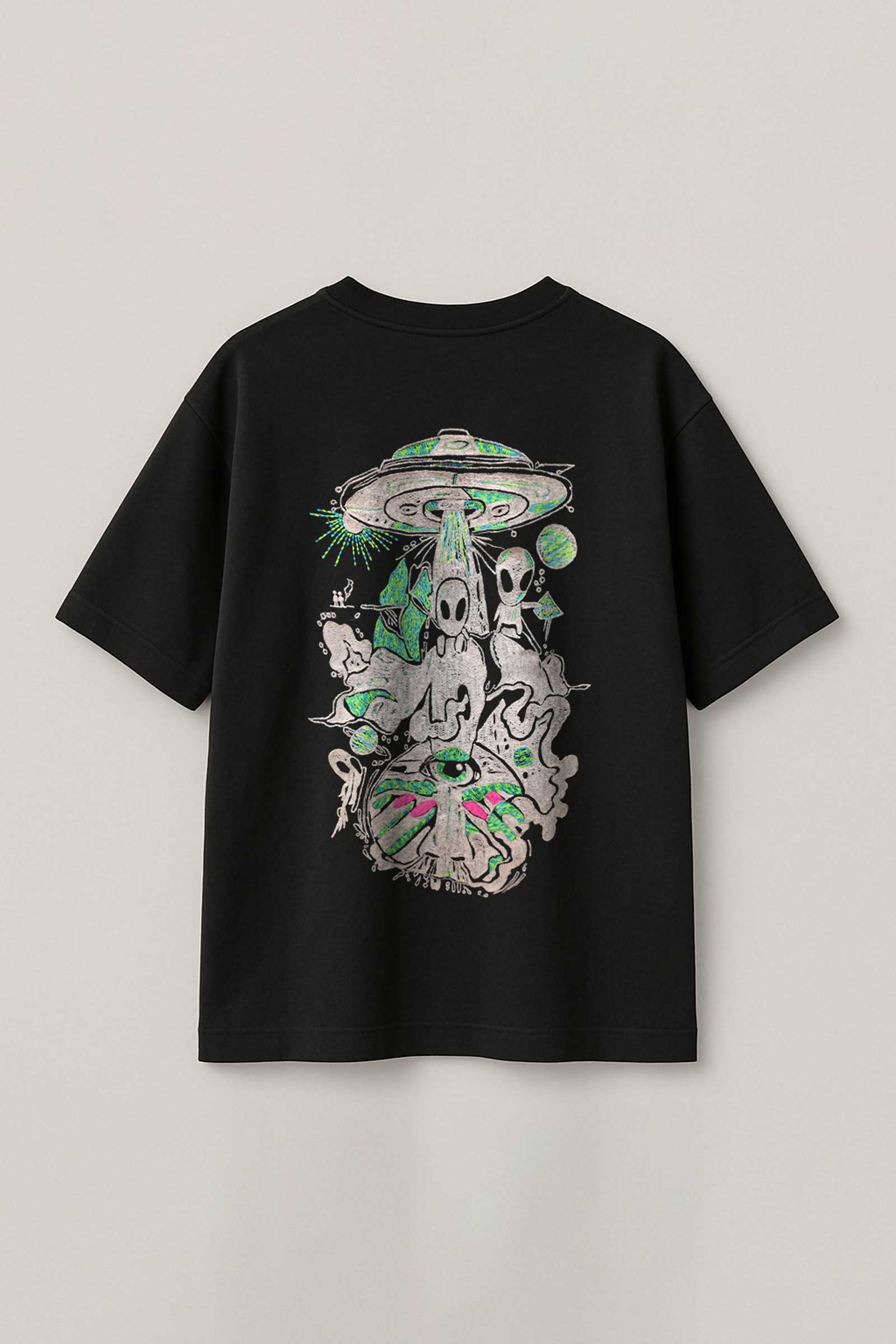 Black t-shirt with a graphic design on the back against a light gray background