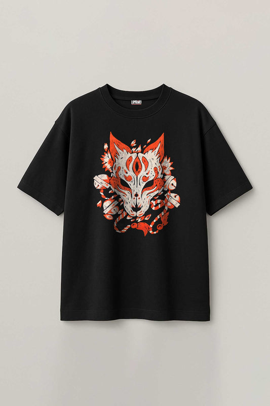 Mascara Kitsune Embroidered Artwork Black Half Sleeve T-shirt For Men