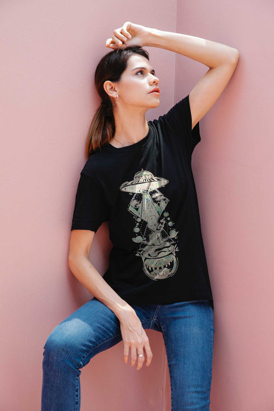 Jovian Space Trip Embroidered Artwork Half Sleeve Black T-shirt For Women