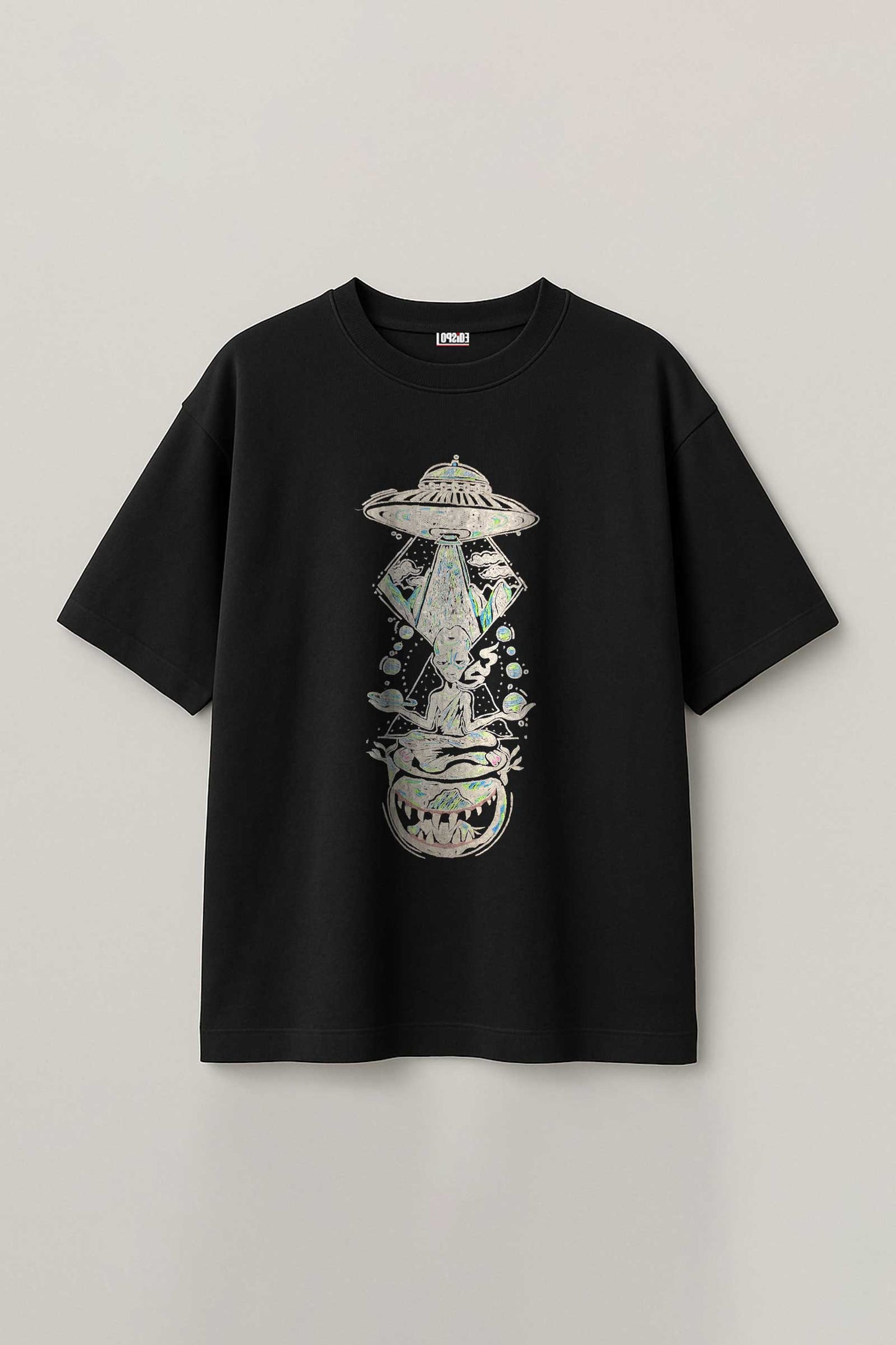 Black t-shirt with a graphic design on a light gray background