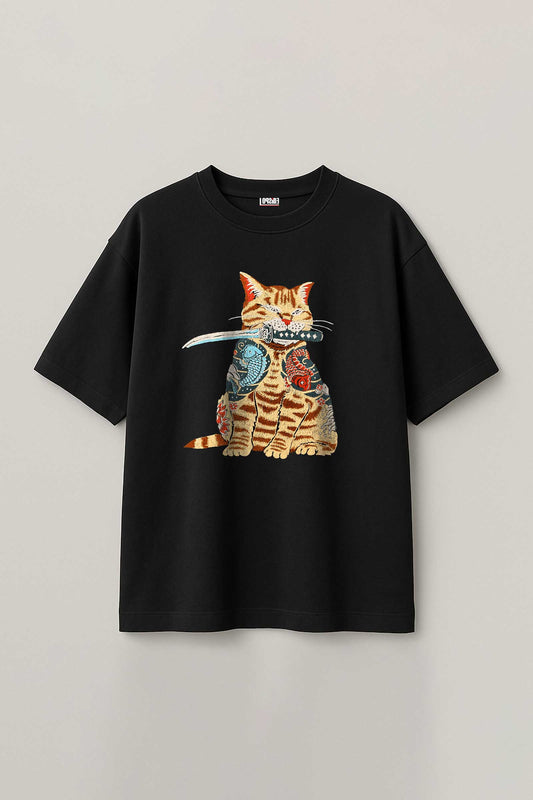 Catana "Japanese Samurai Ninja Cat" Artwork Black T-shirt For Men