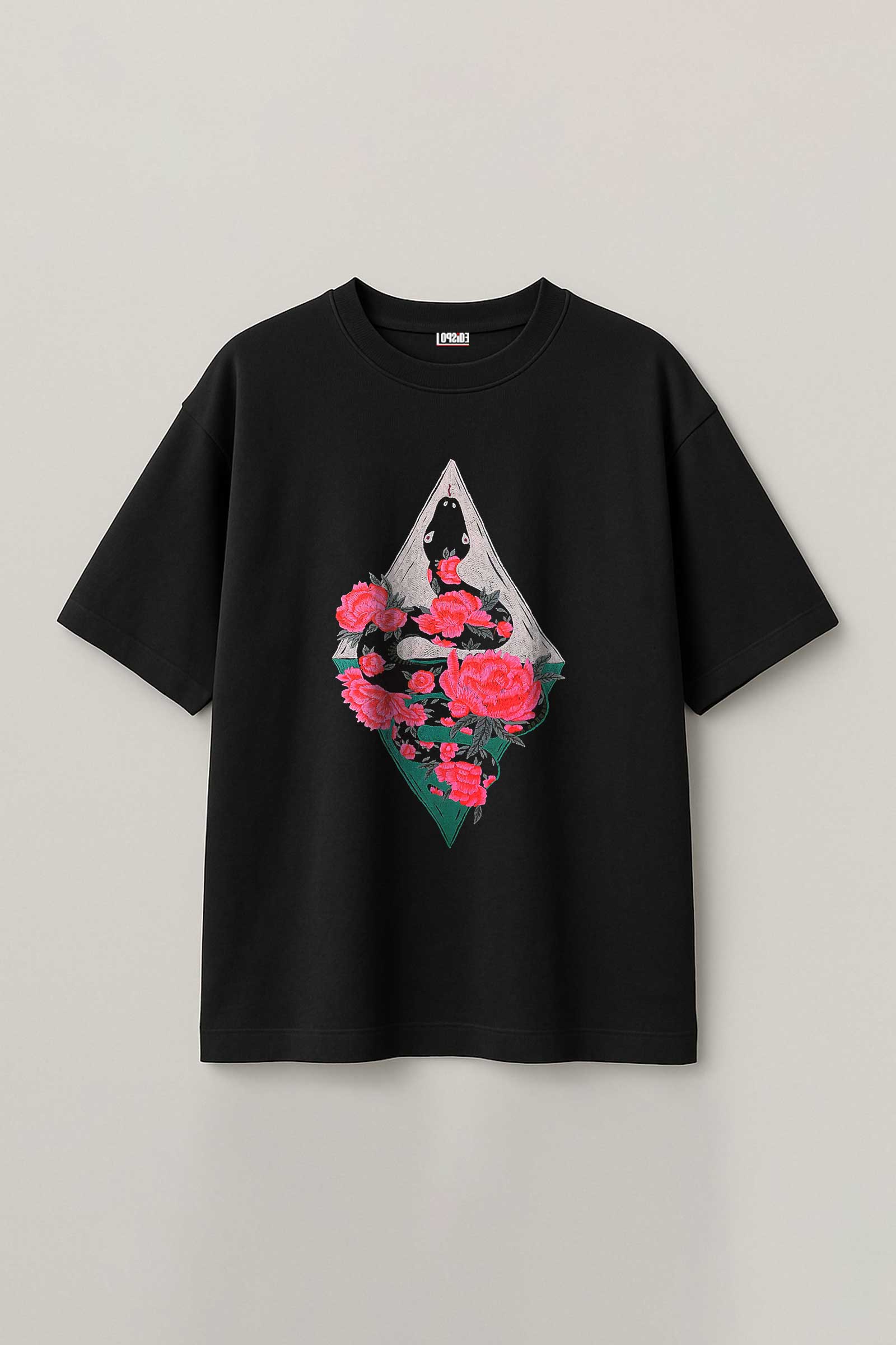 Black t-shirt with a geometric design featuring roses on a light gray background