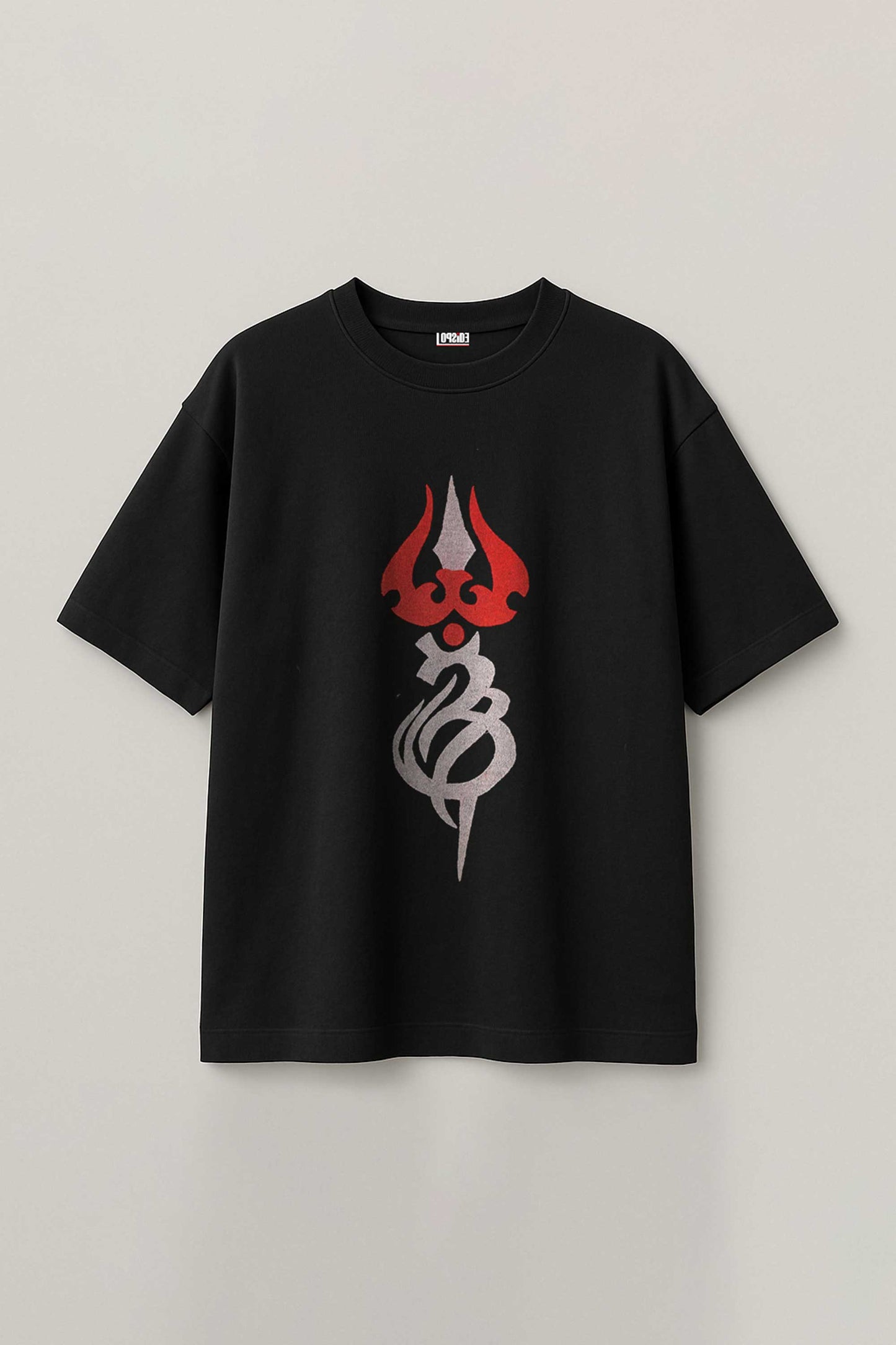 Black t-shirt with a red and white graphic design on a light gray background