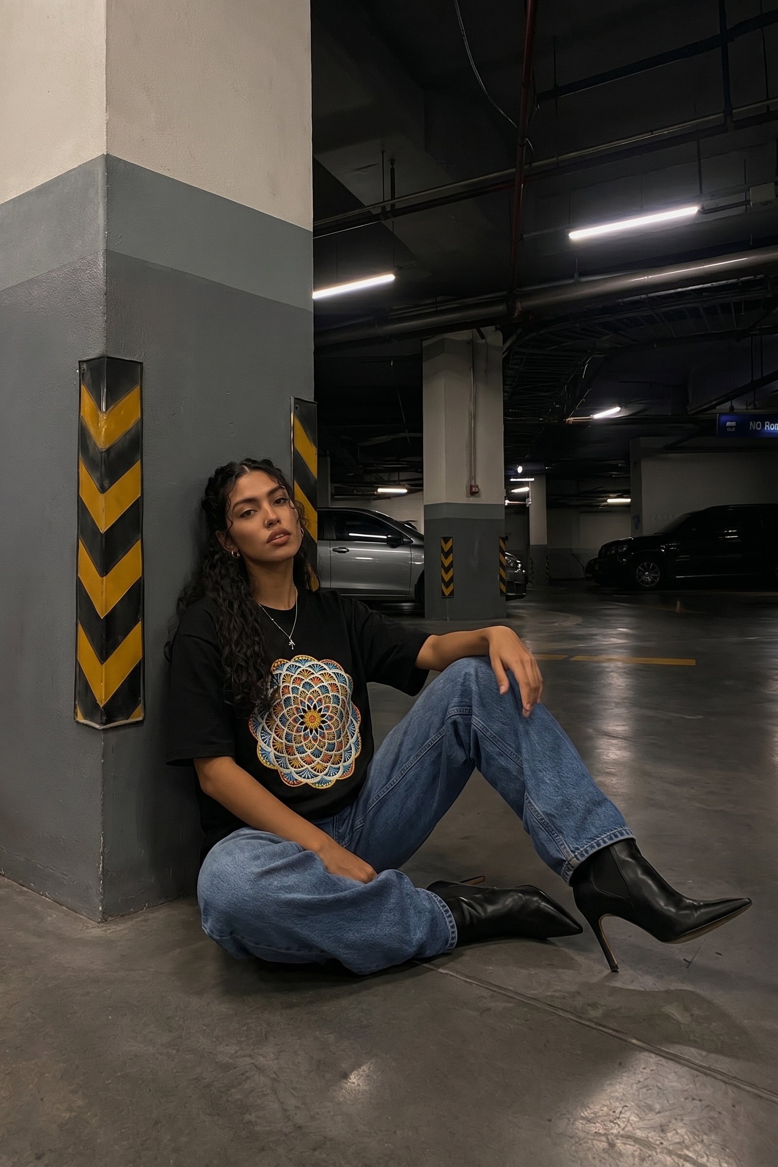 Person sitting on a concrete floor in a parking garage wearing a black t-shirt with a colorful embroidery design and blue jeans.