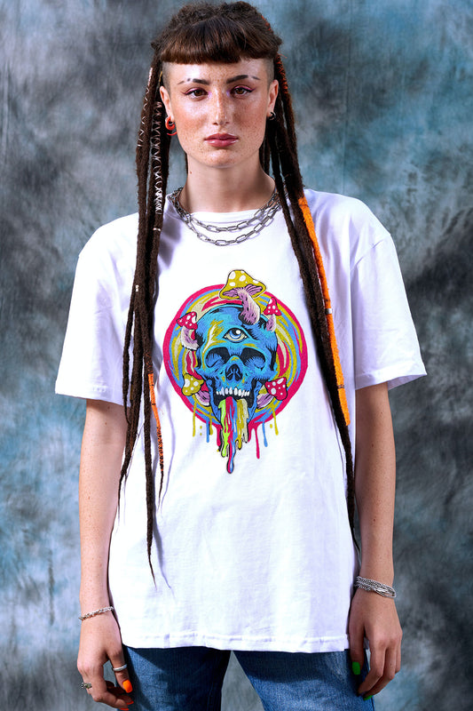 Embroidered Skull Magic Mushroom Artwork Half Sleeve White T-shirt For Women
