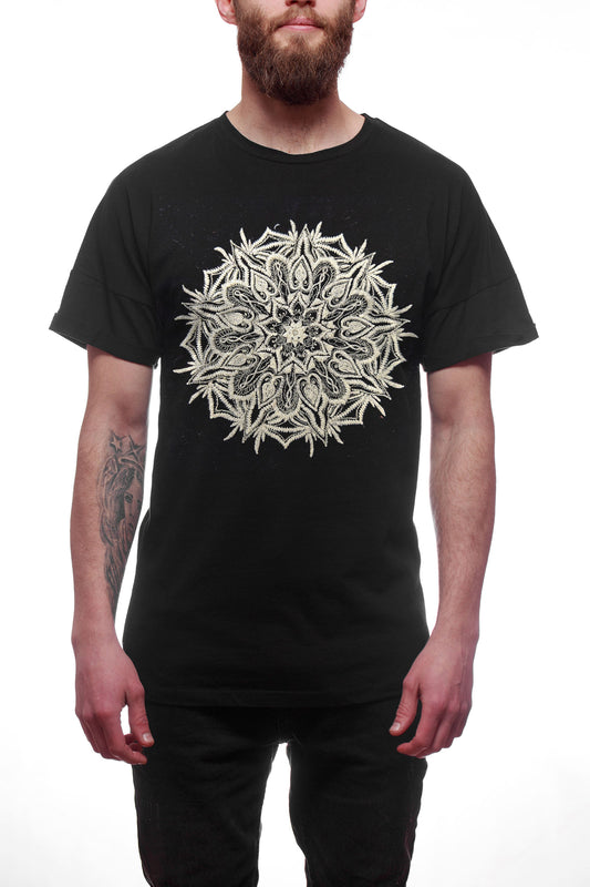 Mandala Embroidery With Zari Artwork Half Sleeve Black T-shirt For Women