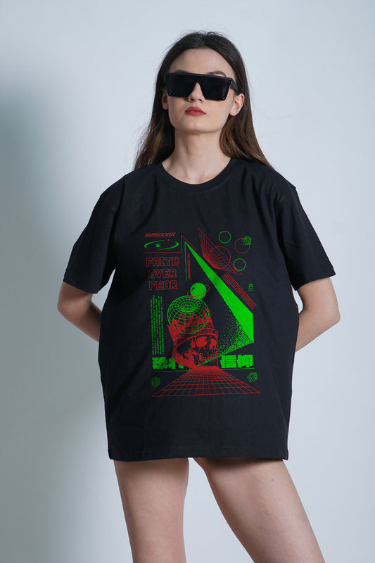 Faith Over Fear Streetwear Fashion Graphic Art Half Sleeve Black T-shirt For Women