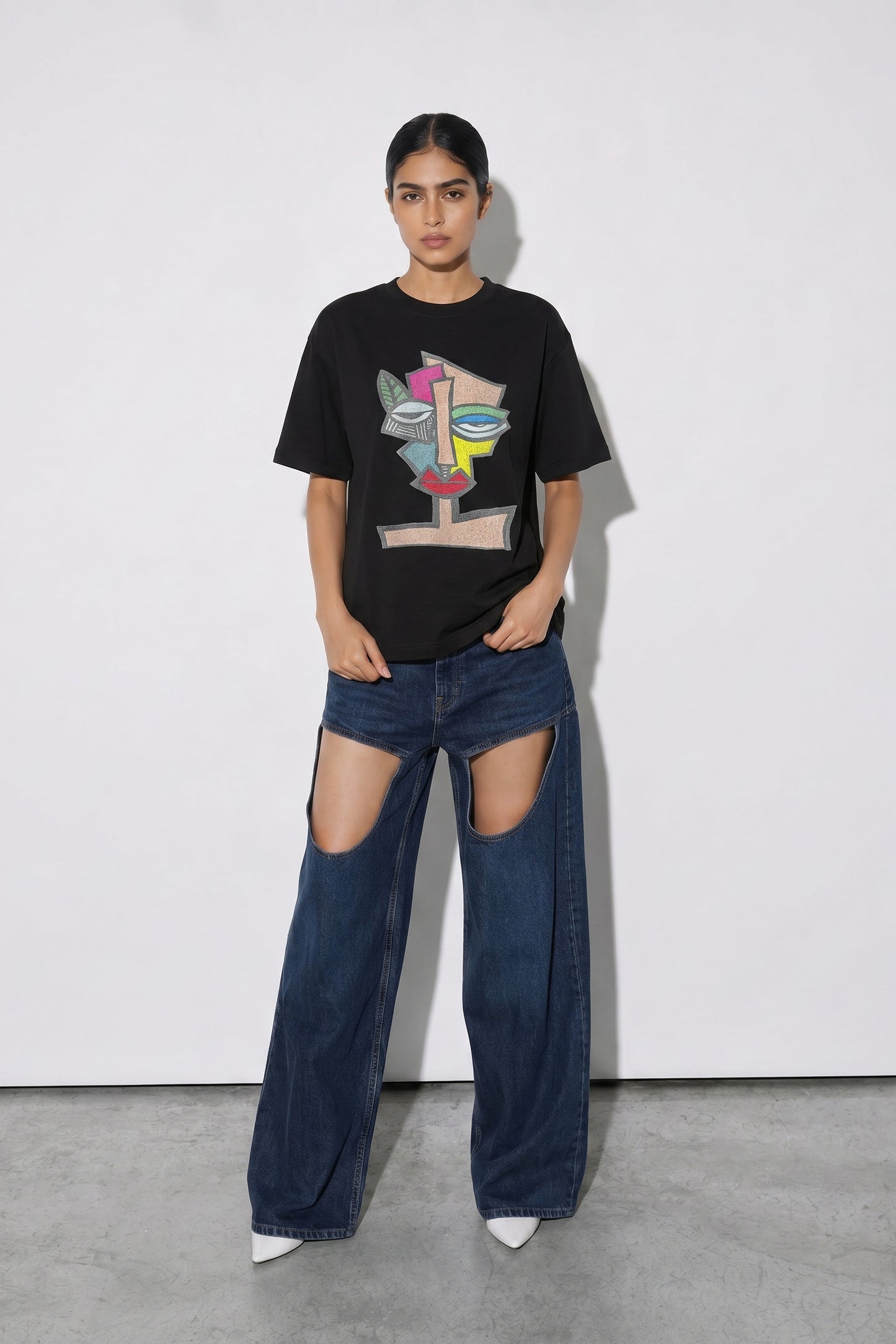 Abstract Embroidered Artwork Half Sleeve T-shirt For Women