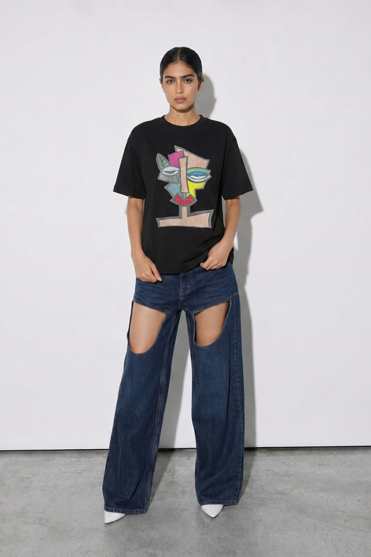 Abstract Embroidered Artwork Half Sleeve T-shirt For Women