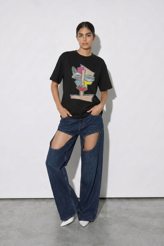 Abstract Embroidered Artwork Half Sleeve T-shirt For Women