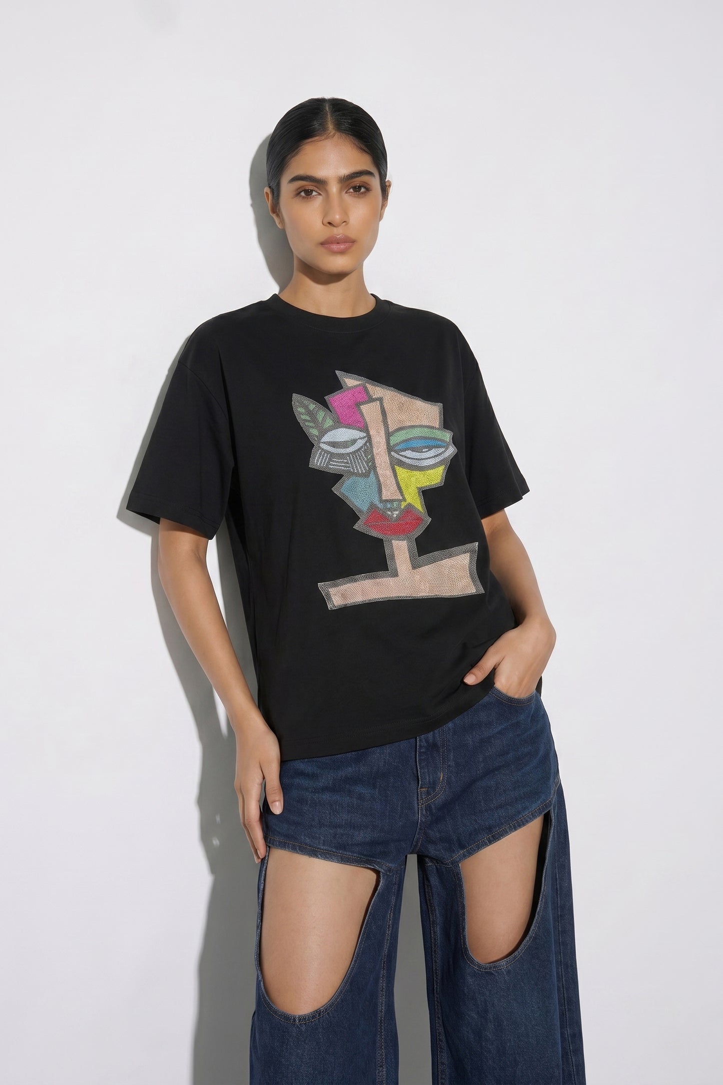 Abstract Embroidered Artwork Half Sleeve T-shirt For Women