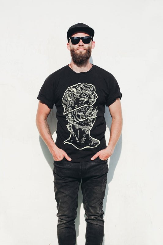 Eternal Patience Embroidered Artwork Half Sleeve Black T-shirt For Men