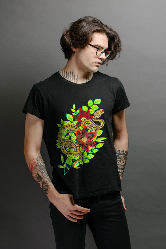 Twisted Garden Embroidered Artwork Half Sleeve Black T-shirt For Men