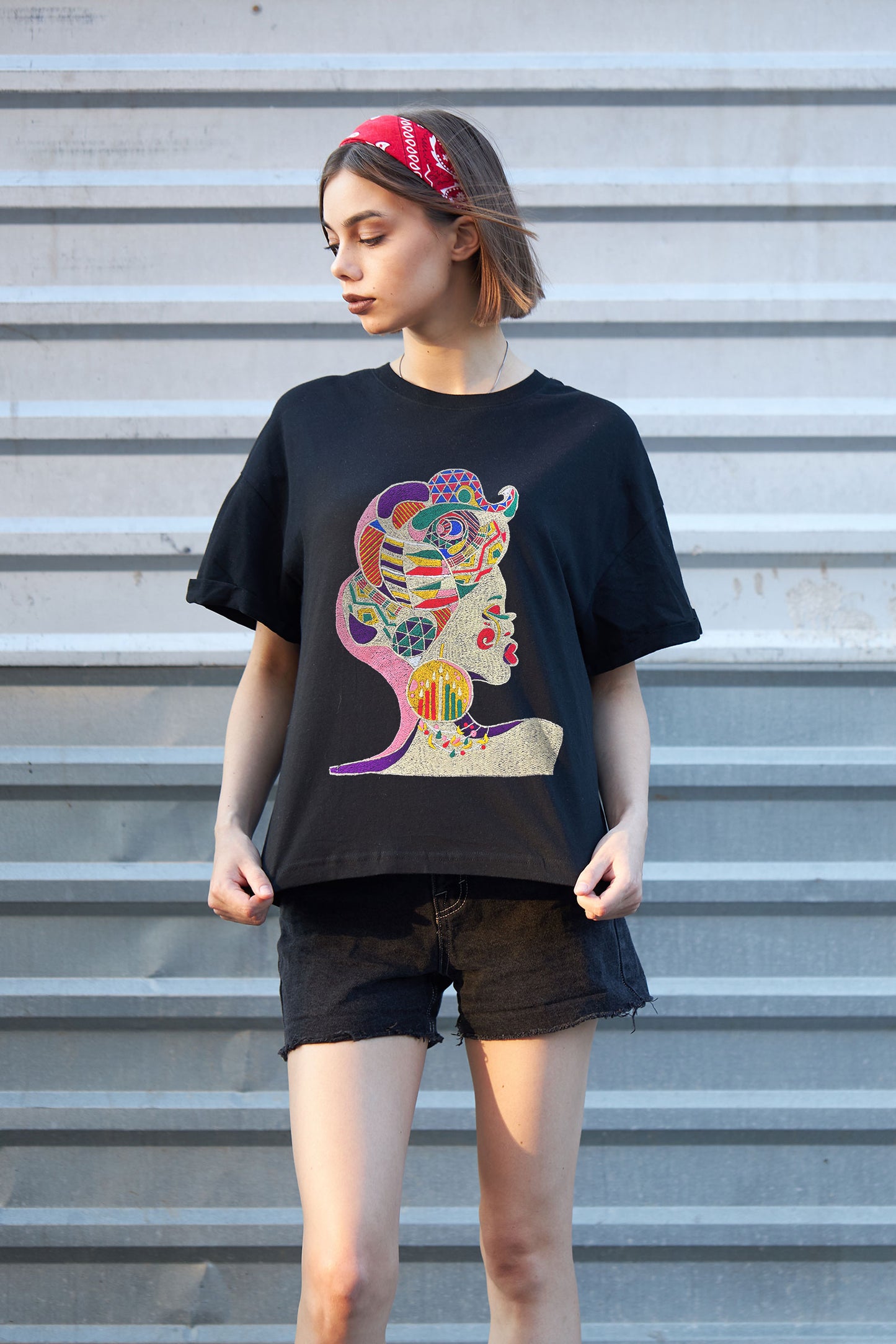 Abstract Embroidered Artwork Half Sleeve T-shirt For Women