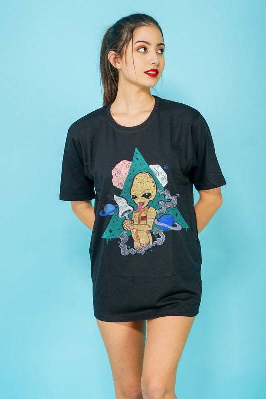 Alien Trip Embroidered Artwork Half Sleeve T-shirt For Women