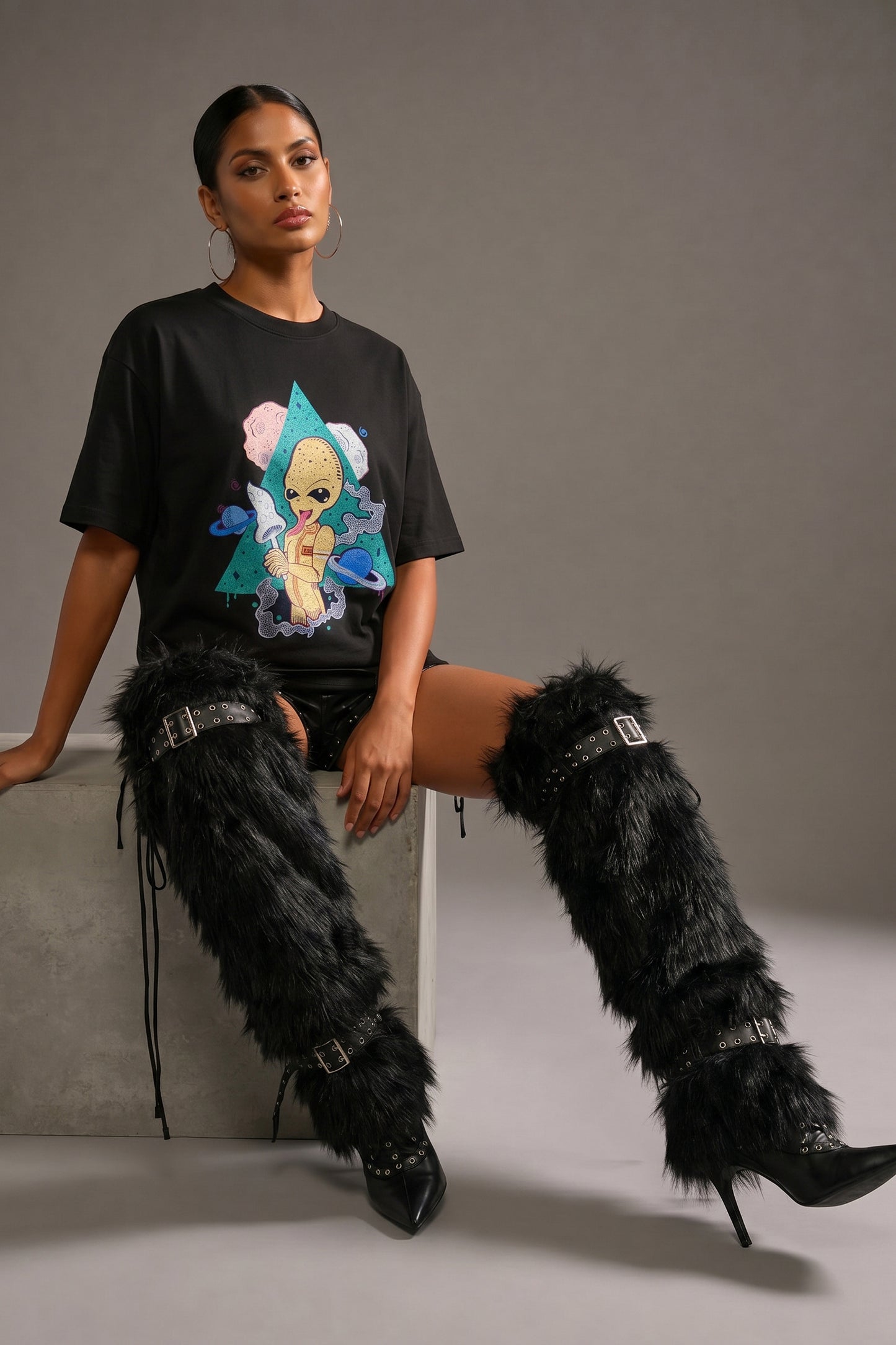 Alien Trip Embroidered Artwork Half Sleeve T-shirt For Women